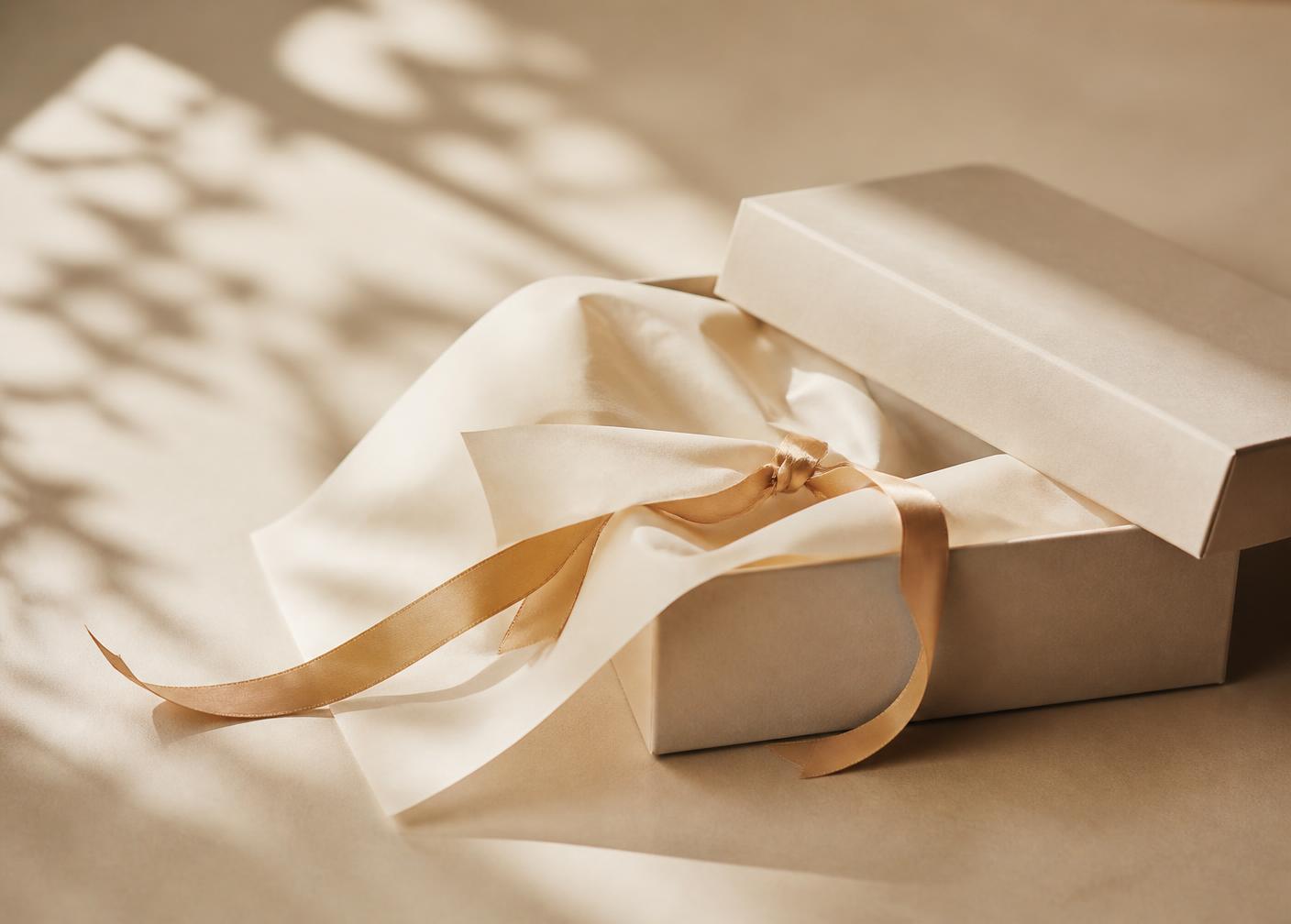 Cream tissue paper and a brass satin ribbon in an open gift box