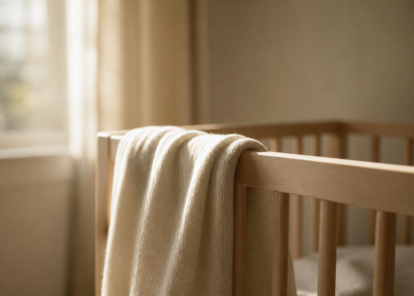 A folded cream blanket over the rail of a pale oak cot in warm afternoon light
